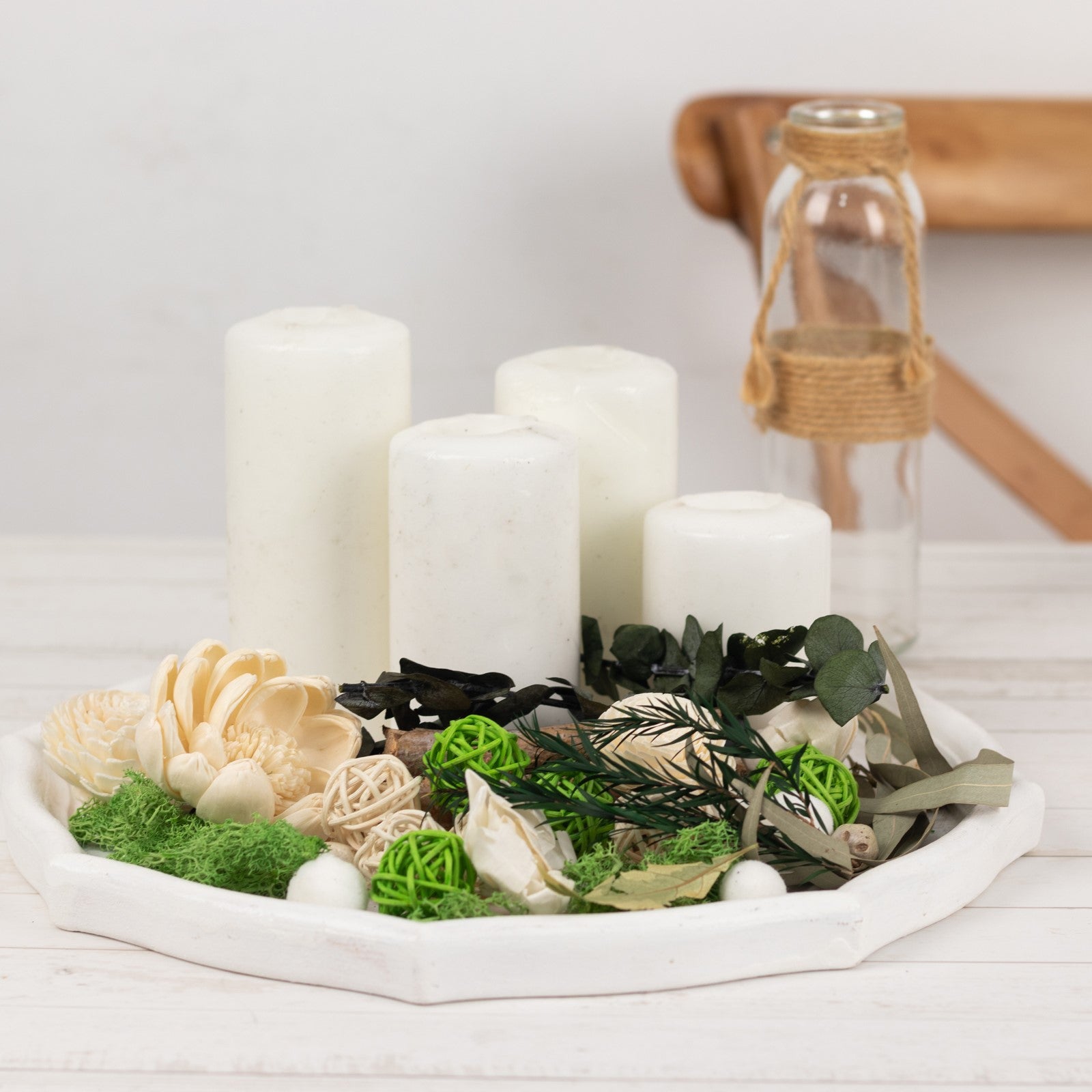 Natural dried assorted potpourri bowl fillers in green and cream with vanilla fragrance.