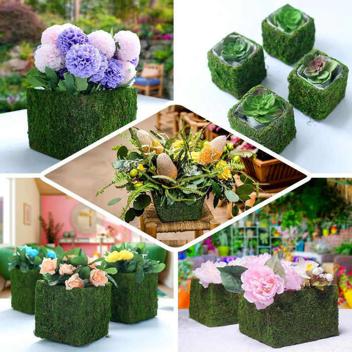 4 Pack | 6" Green Preserved Moss Covered Square Planter Boxes, Flower Baskets with Inner Lining