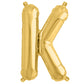 Matte gold letter balloon "K" in 13-inch size.