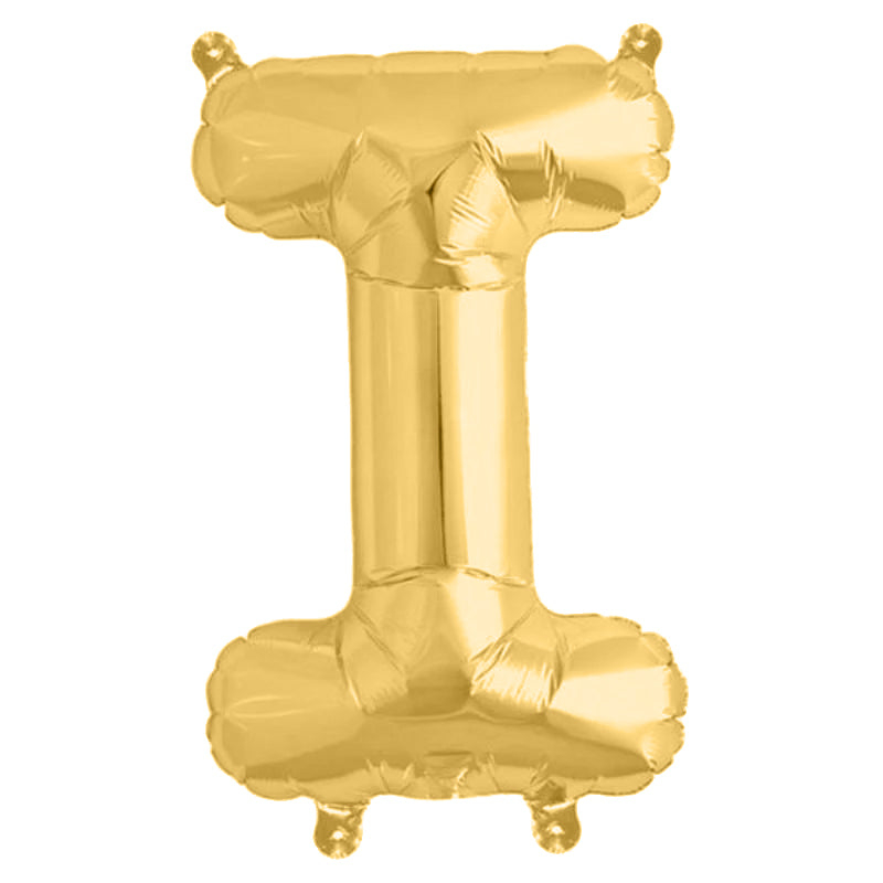 Matte gold letter balloon "I" in a shiny mylar finish.