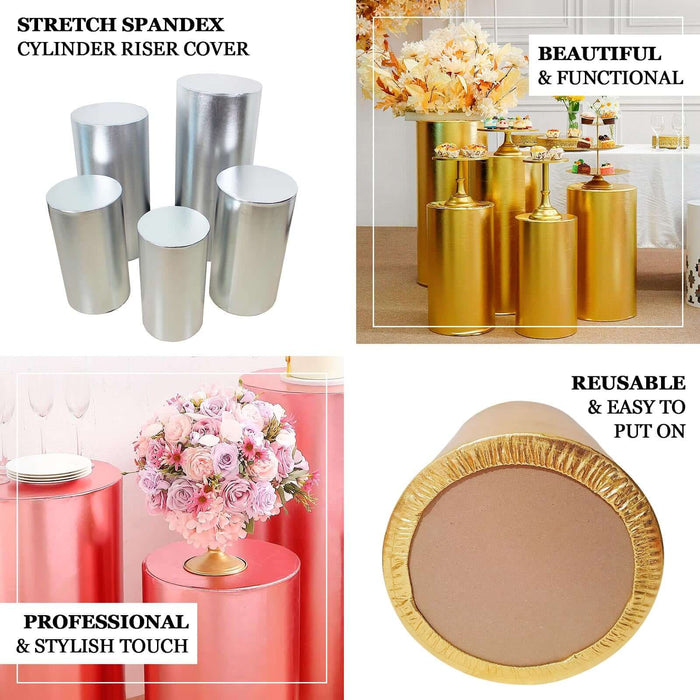 Set of 5 shiny metallic gold pedestal stand covers for events.