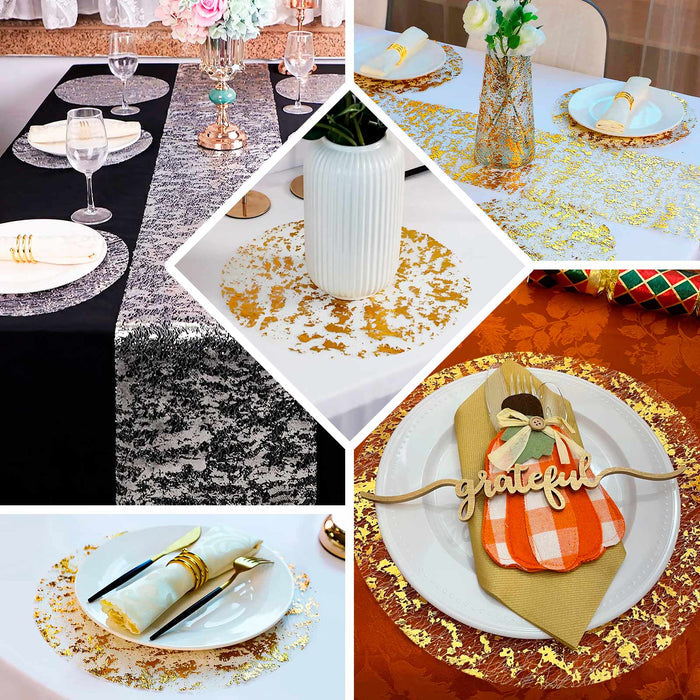 13" metallic silver foil mesh round disposable table placemats.