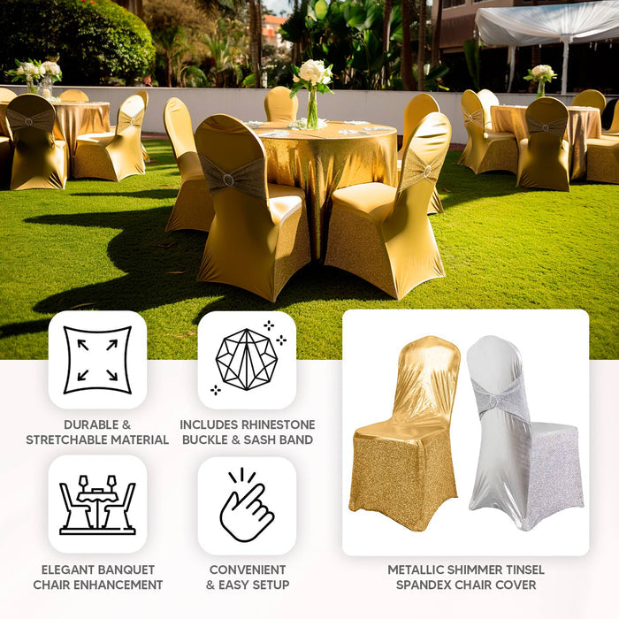 Metallic silver shimmer spandex chair cover with rhinestone buckle.