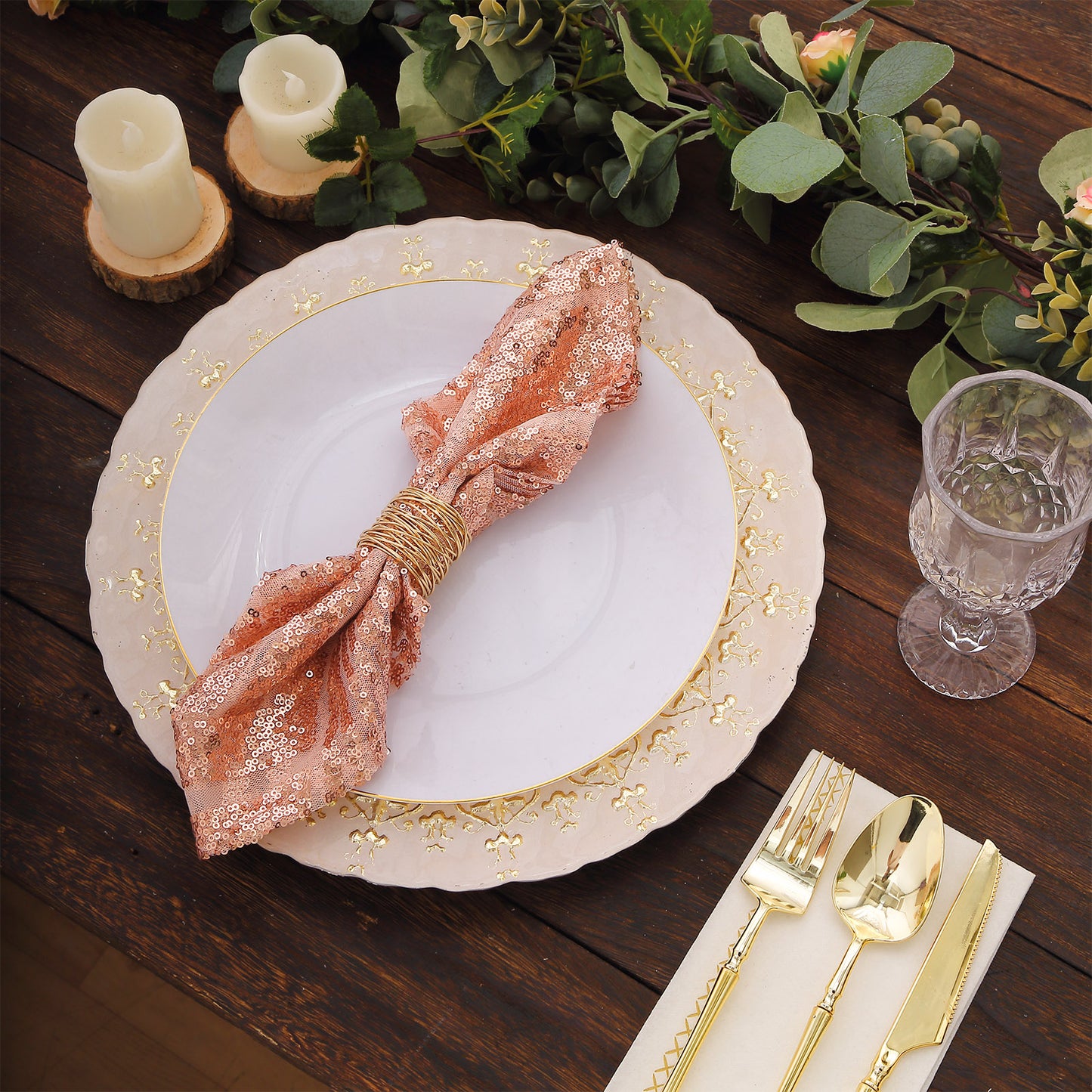 Blush geometric diamond glitz sequin cloth napkin on a decorative plate setting.
