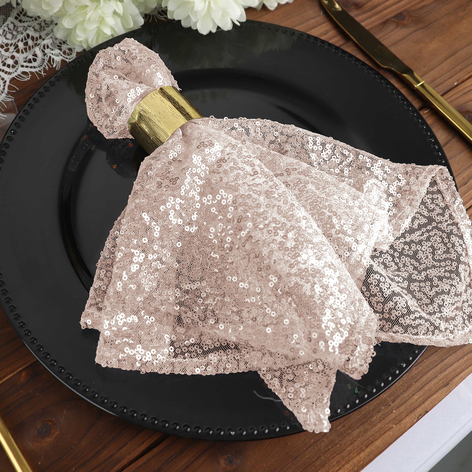 Premium Sequin 20 Inch x 20 Inch Blush Rose Gold Cloth Dinner Napkin Reusable 