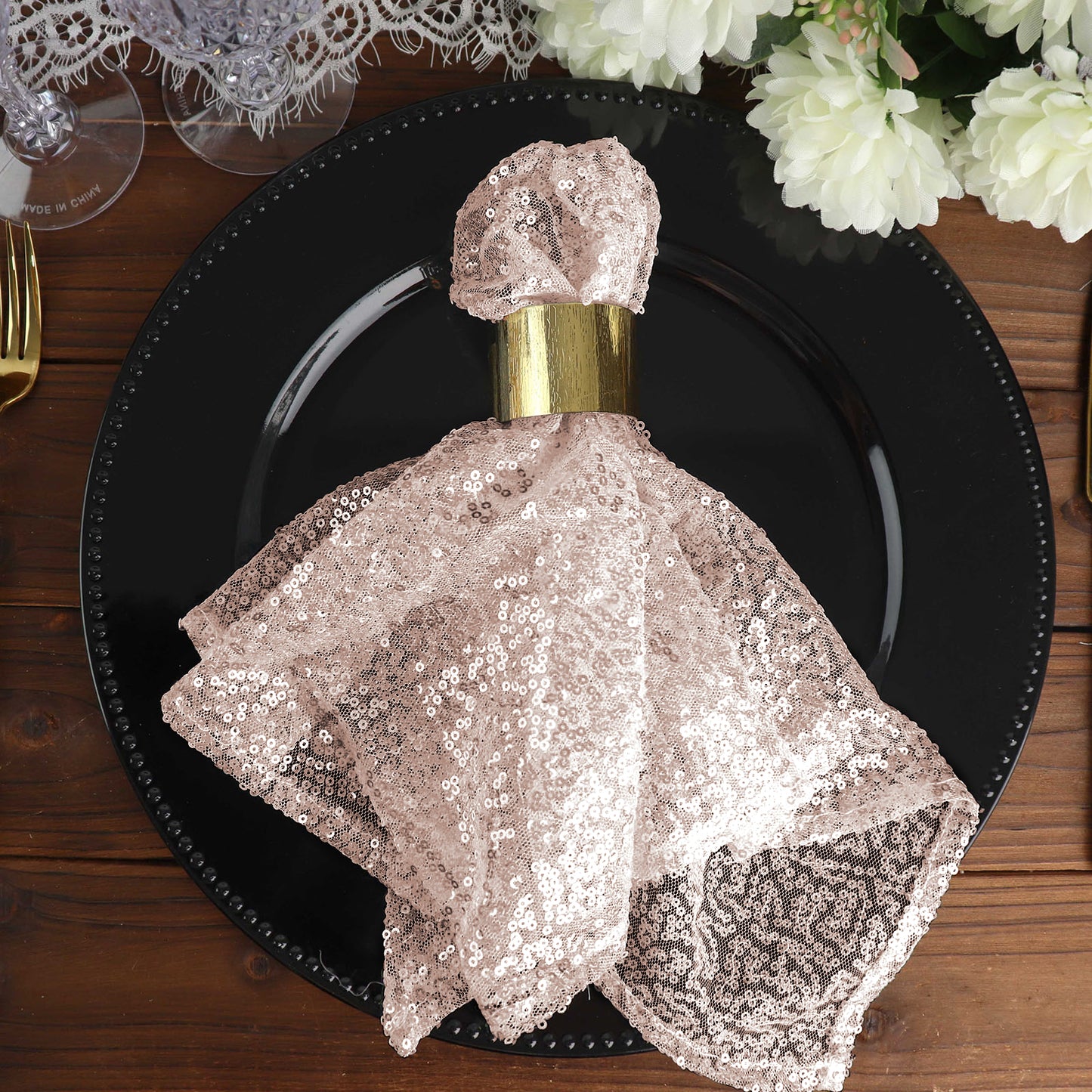 Premium Sequin 20 Inch x 20 Inch Blush Rose Gold Cloth Dinner Napkin Reusable 