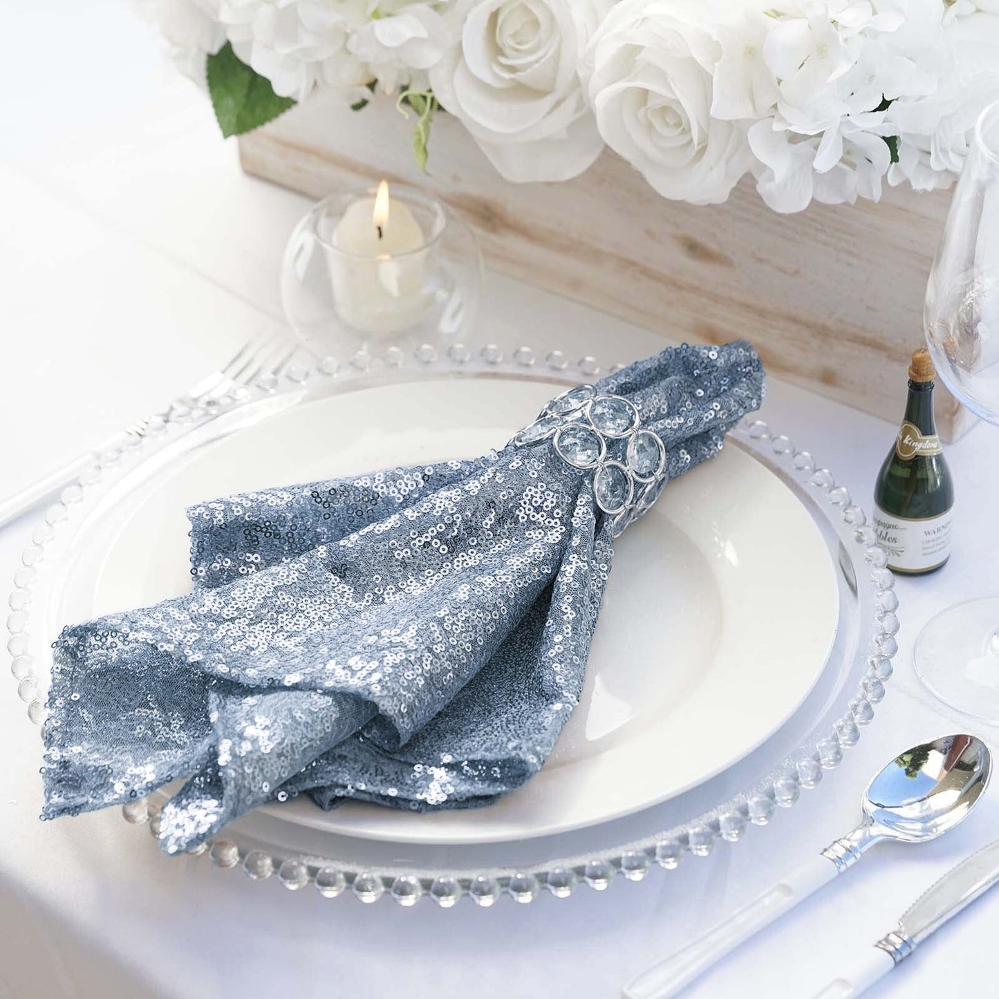 Dusty Blue Dinner Napkin With 20 Inch By 20 Inch Sequin Beaded Tulle