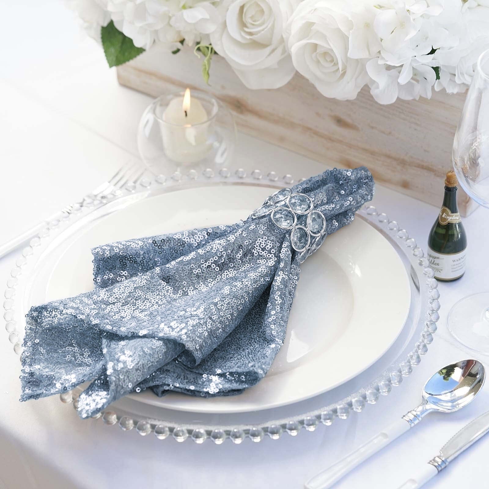 Dusty Blue Dinner Napkin With 20 Inch By 20 Inch Sequin Beaded Tulle