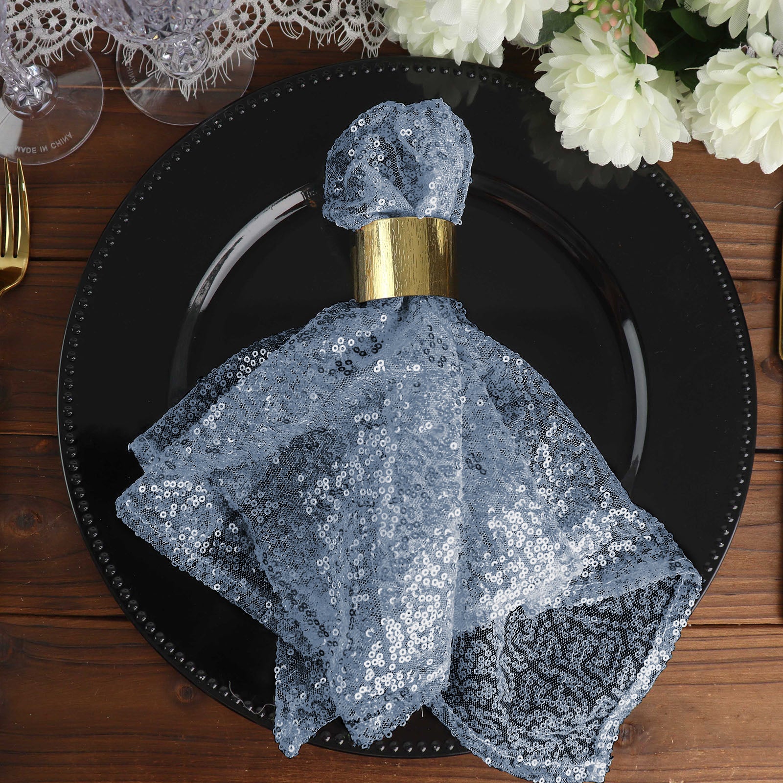 Dusty Blue Dinner Napkin With 20 Inch By 20 Inch Sequin Beaded Tulle