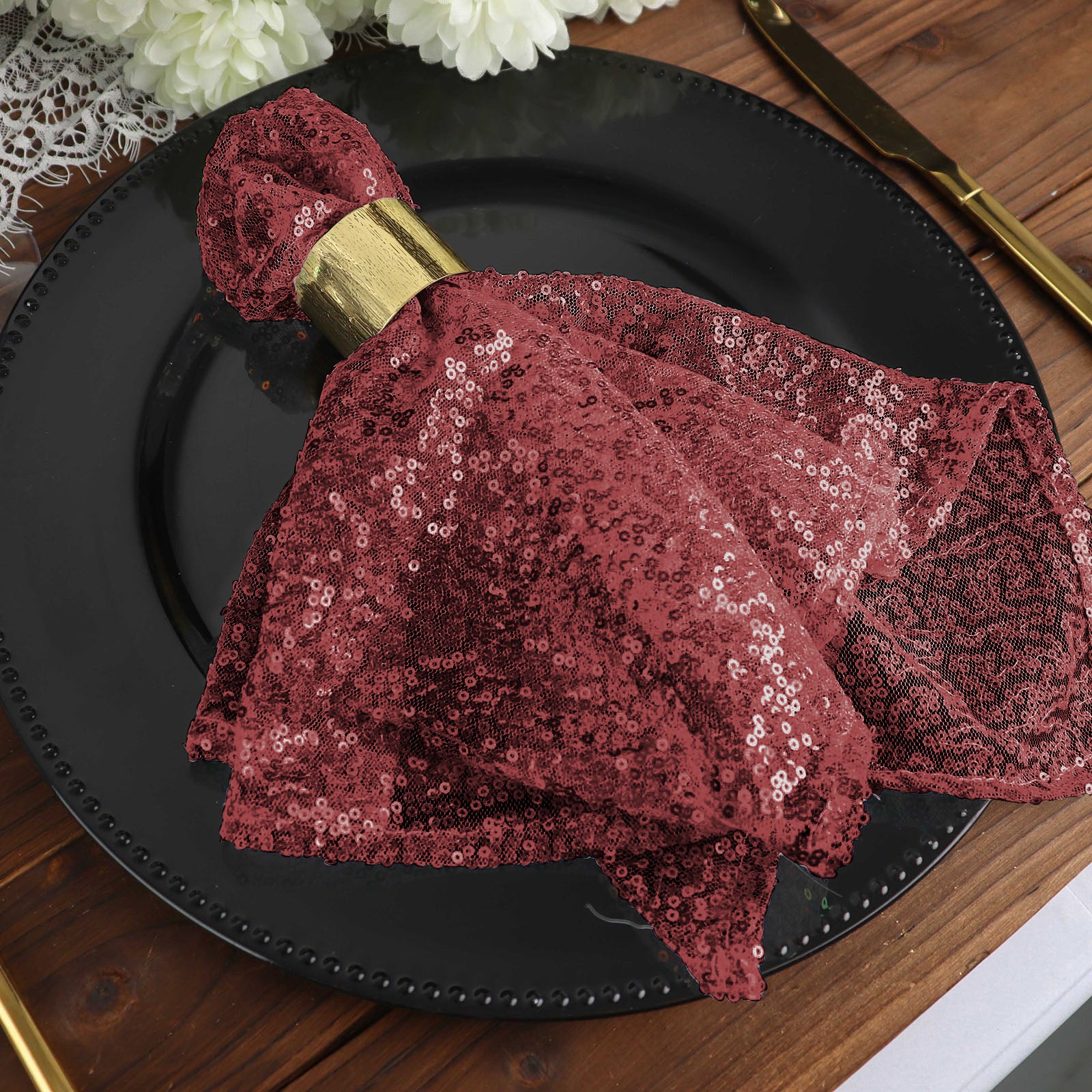 20 Inch x 20 Inch Reusable Burgundy Sequin Cloth Napkin 