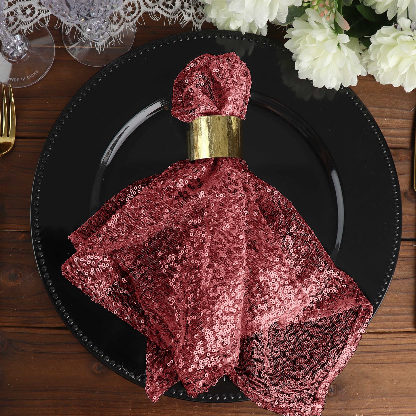 20 Inch x 20 Inch Reusable Burgundy Sequin Cloth Napkin 