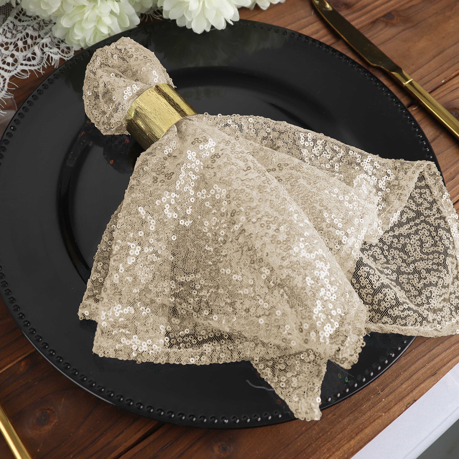 20 Inch x 20 Inch Champagne Premium Sequin Cloth Table Napkin