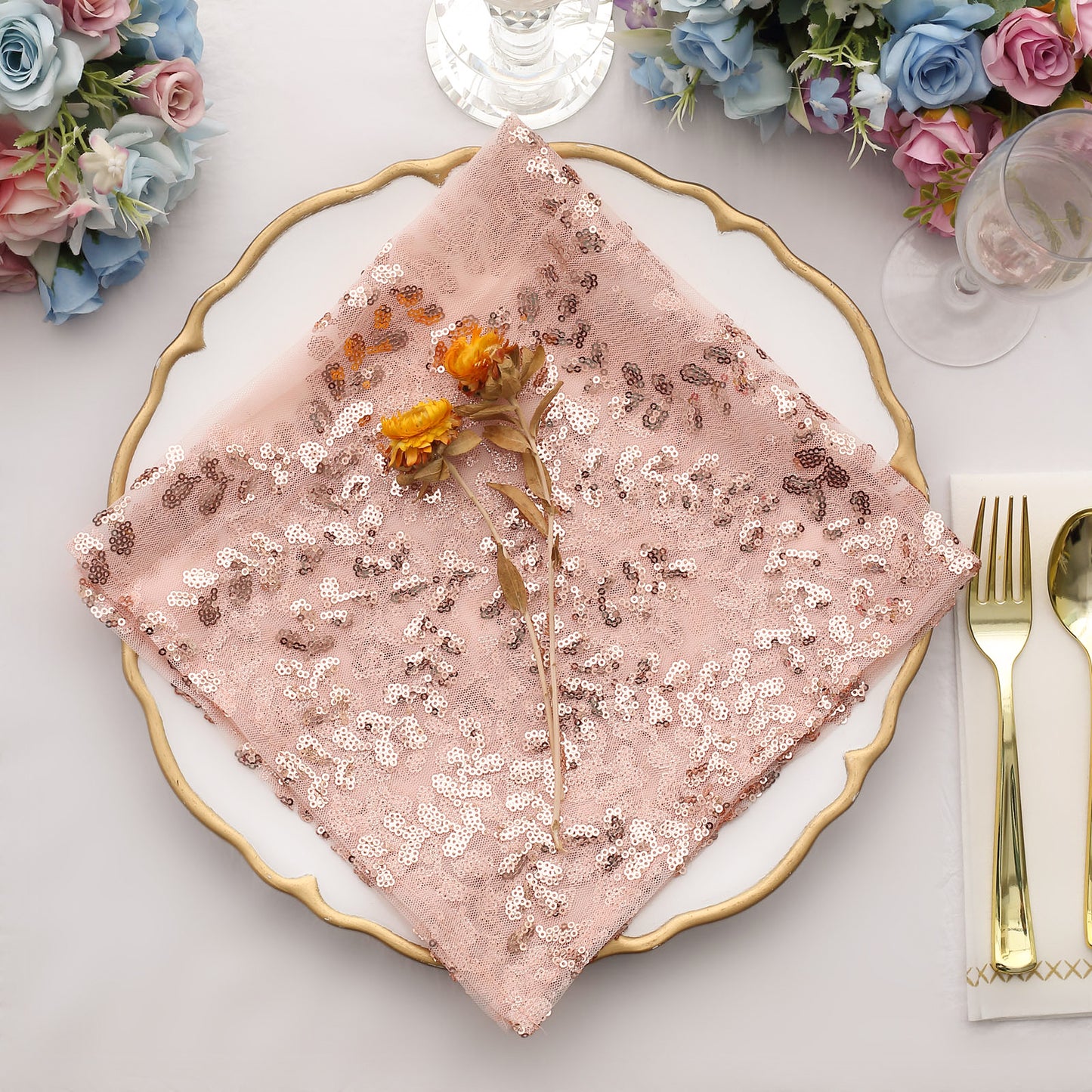 Sparkly Rose Gold Leaf Vine Embroidered Sequin Tulle Cloth Dinner Napkins, Sheer Decorative Napkins
