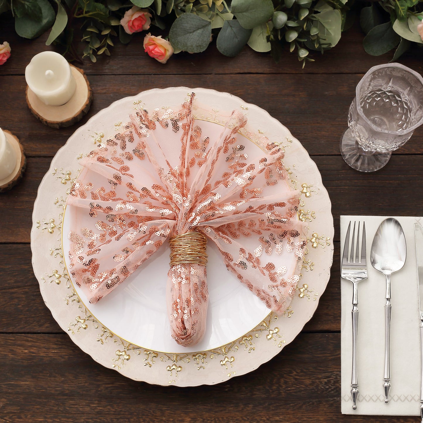 Sparkly Rose Gold Leaf Vine Embroidered Sequin Tulle Cloth Dinner Napkins, Sheer Decorative Napkins