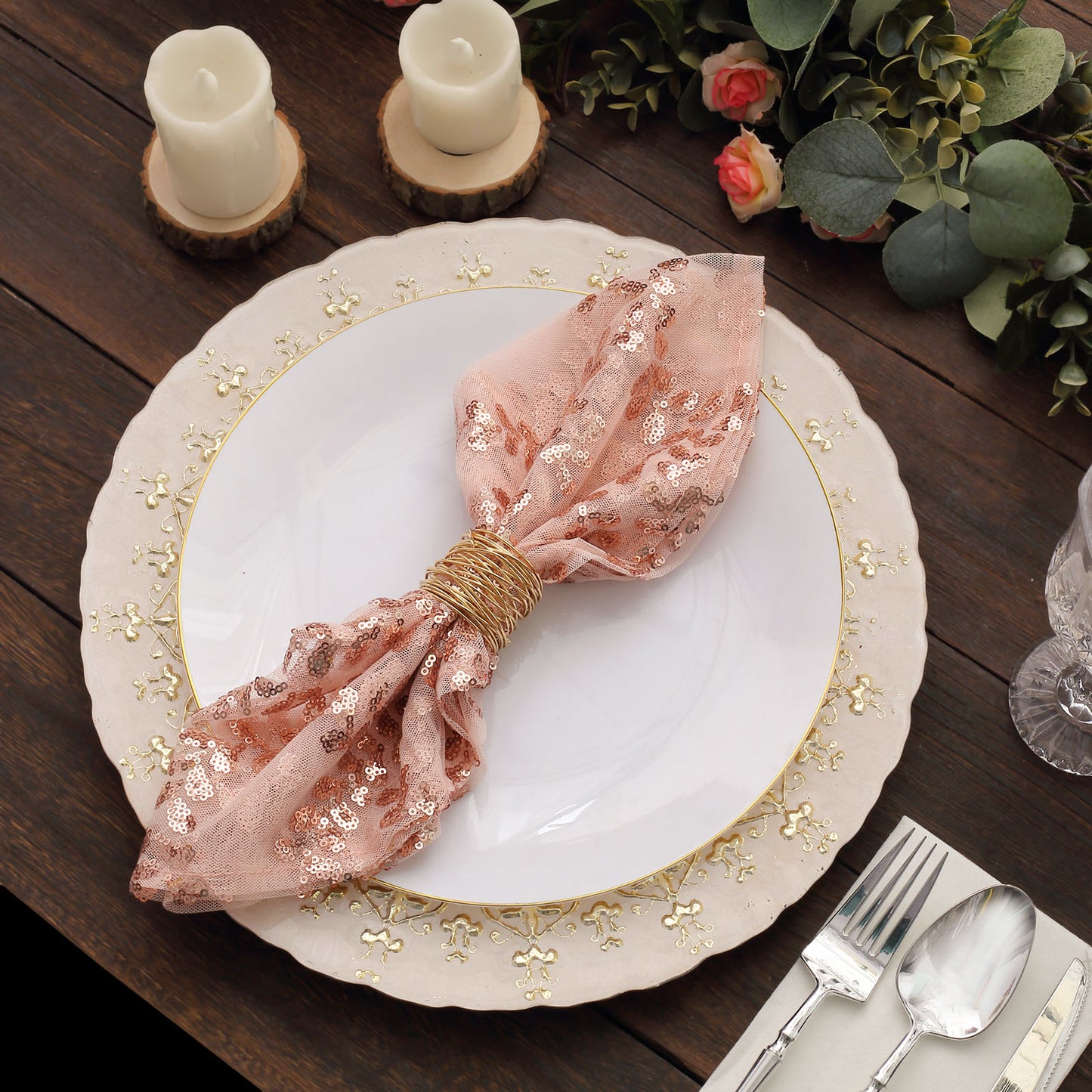 Sparkly Rose Gold Leaf Vine Embroidered Sequin Tulle Cloth Dinner Napkins, Sheer Decorative Napkins