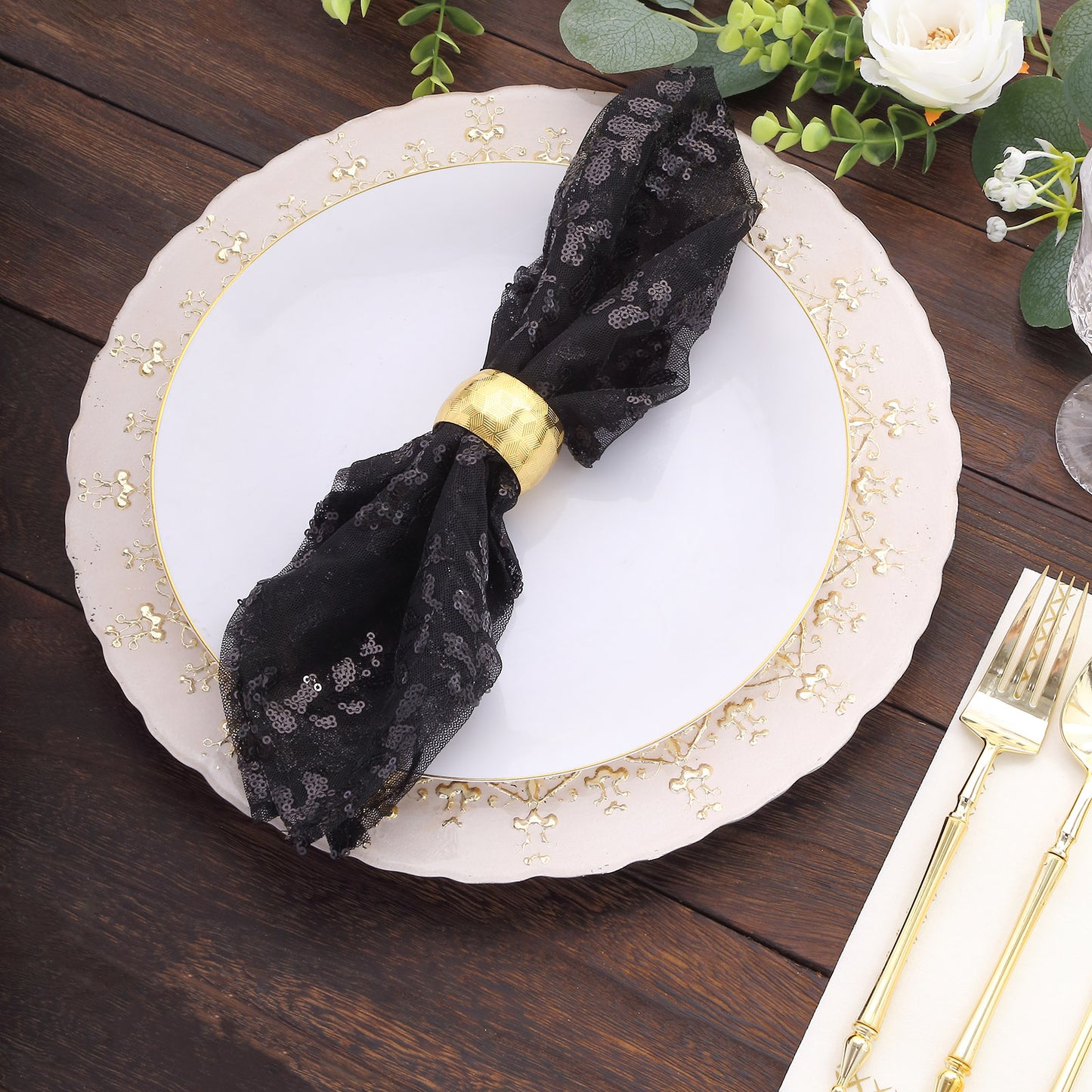 Sparkly Black Leaf Vine Embroidered Sequin Tulle Cloth Dinner Napkins, Sheer Decorative Napkins