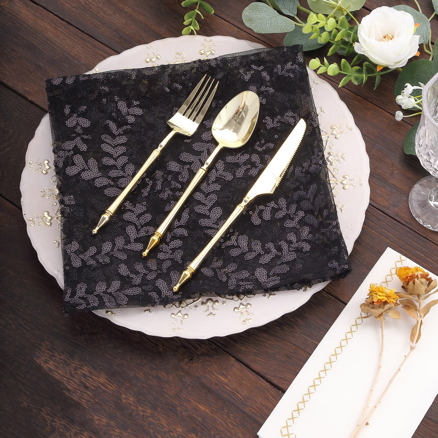 Sparkly Black Leaf Vine Embroidered Sequin Tulle Cloth Dinner Napkins, Sheer Decorative Napkins