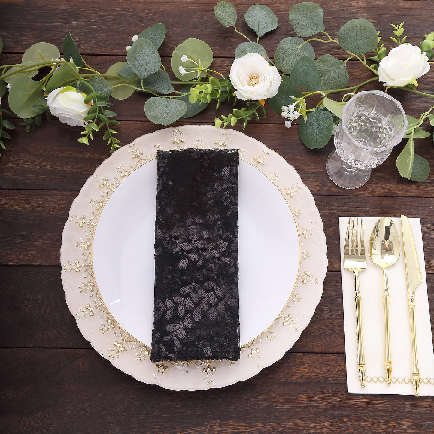 Sparkly Black Leaf Vine Embroidered Sequin Tulle Cloth Dinner Napkins, Sheer Decorative Napkins