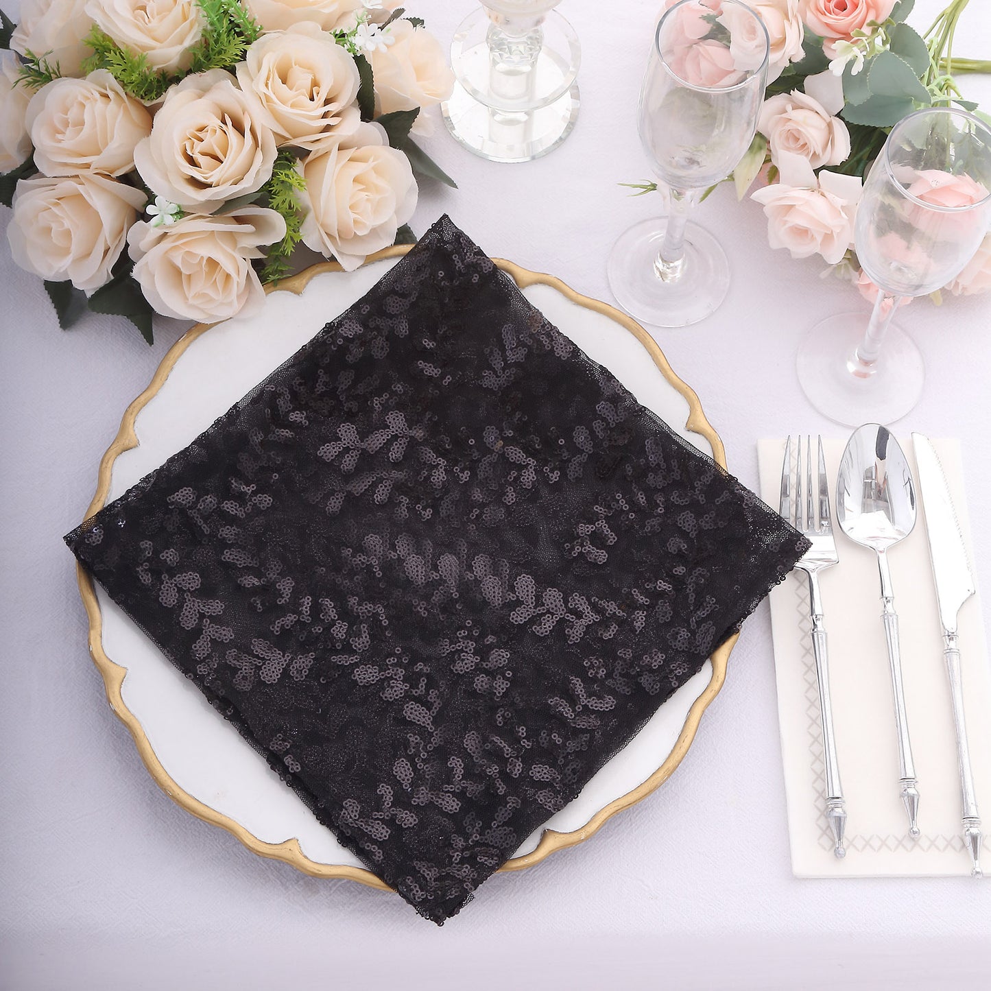 Sparkly Black Leaf Vine Embroidered Sequin Tulle Cloth Dinner Napkins, Sheer Decorative Napkins