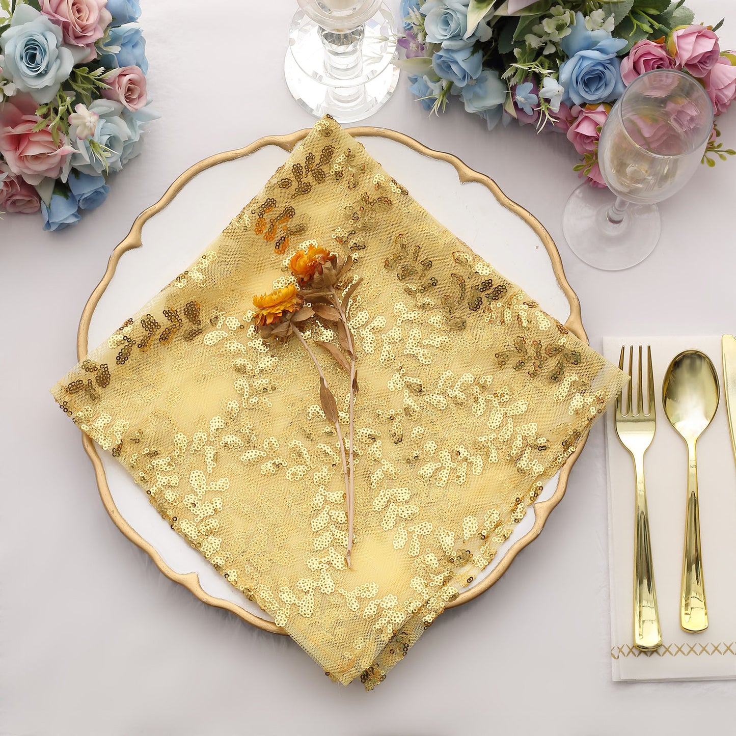 Sparkly Gold Leaf Vine Embroidered Sequin Tulle Cloth Dinner Napkins, Sheer Decorative Napkins