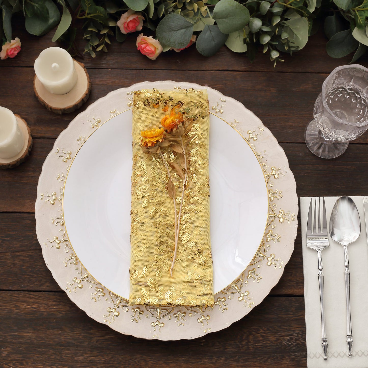 Sparkly Gold Leaf Vine Embroidered Sequin Tulle Cloth Dinner Napkins, Sheer Decorative Napkins