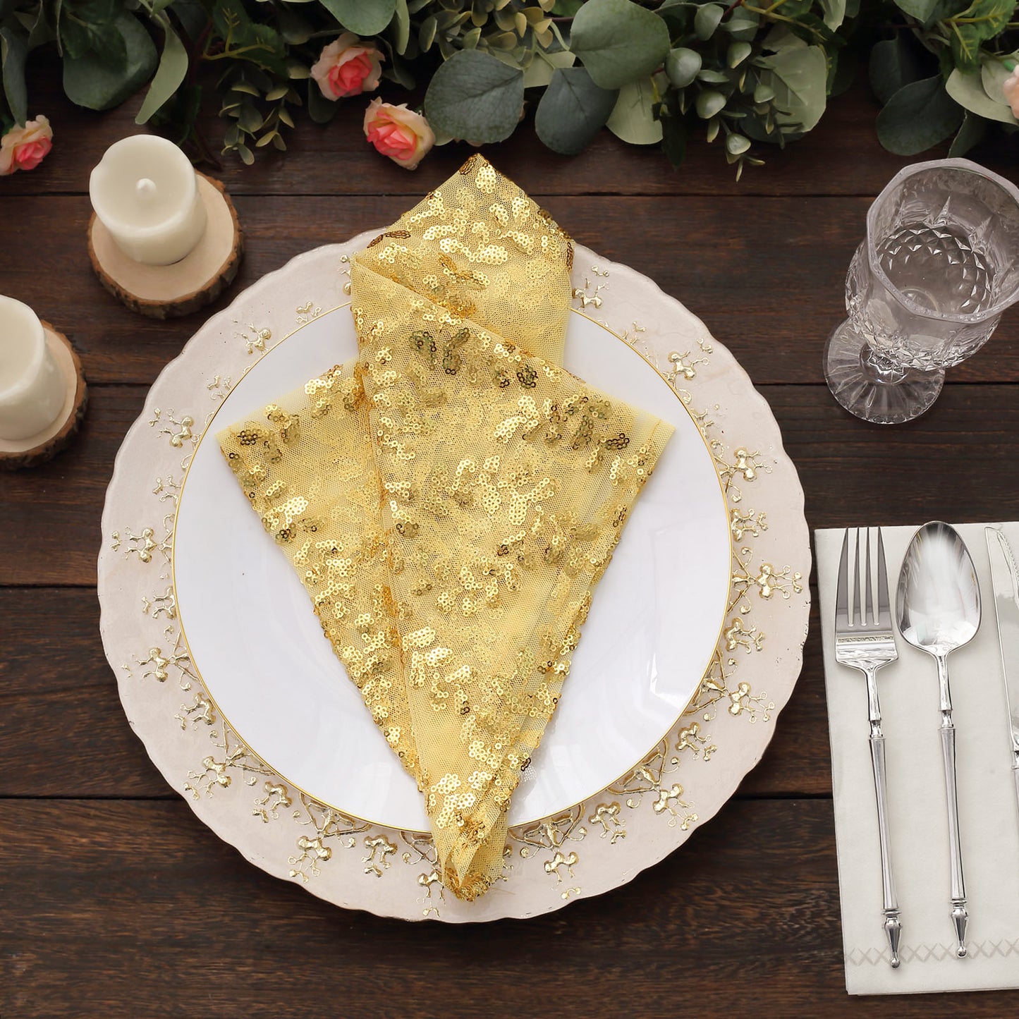 Sparkly Gold Leaf Vine Embroidered Sequin Tulle Cloth Dinner Napkins, Sheer Decorative Napkins