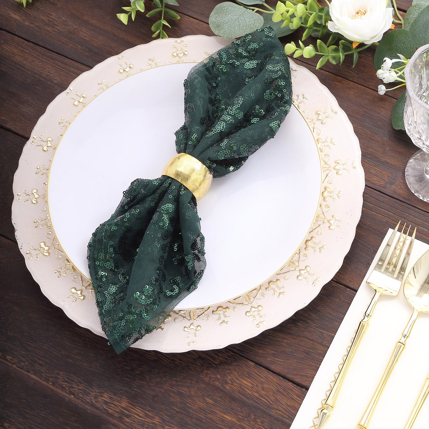 Sparkly Hunter Emerald Green Leaf Vine Embroidered Sequin Tulle Cloth Dinner Napkins, Sheer Decorative Napkins