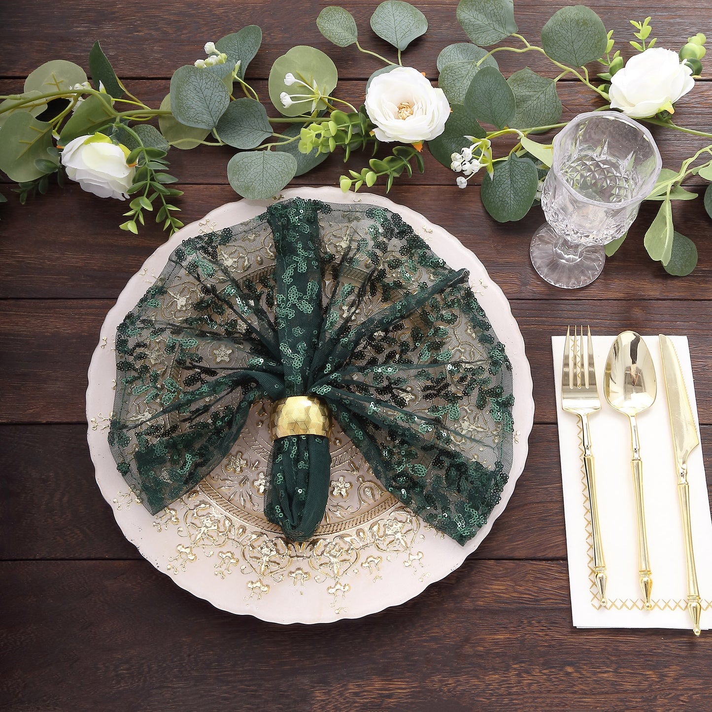 Sparkly Hunter Emerald Green Leaf Vine Embroidered Sequin Tulle Cloth Dinner Napkins, Sheer Decorative Napkins