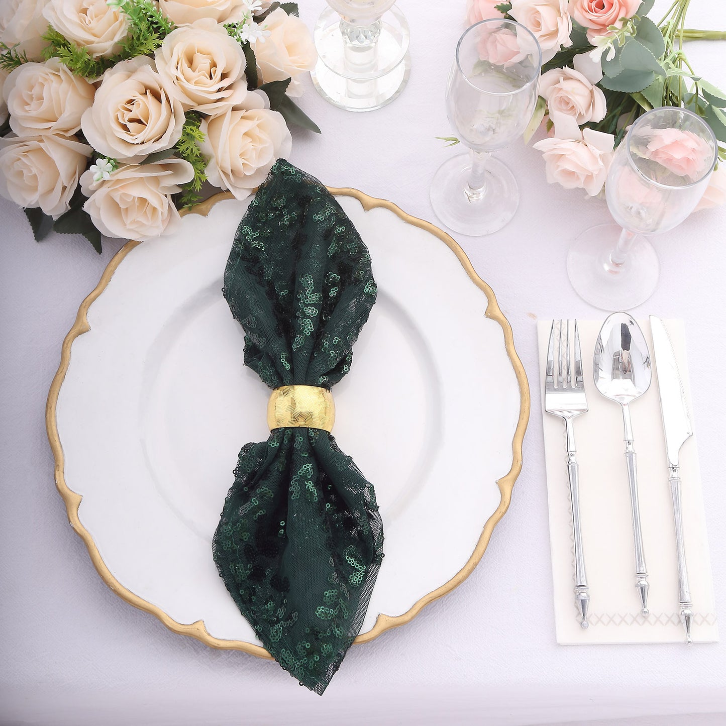 Sparkly Hunter Emerald Green Leaf Vine Embroidered Sequin Tulle Cloth Dinner Napkins, Sheer Decorative Napkins