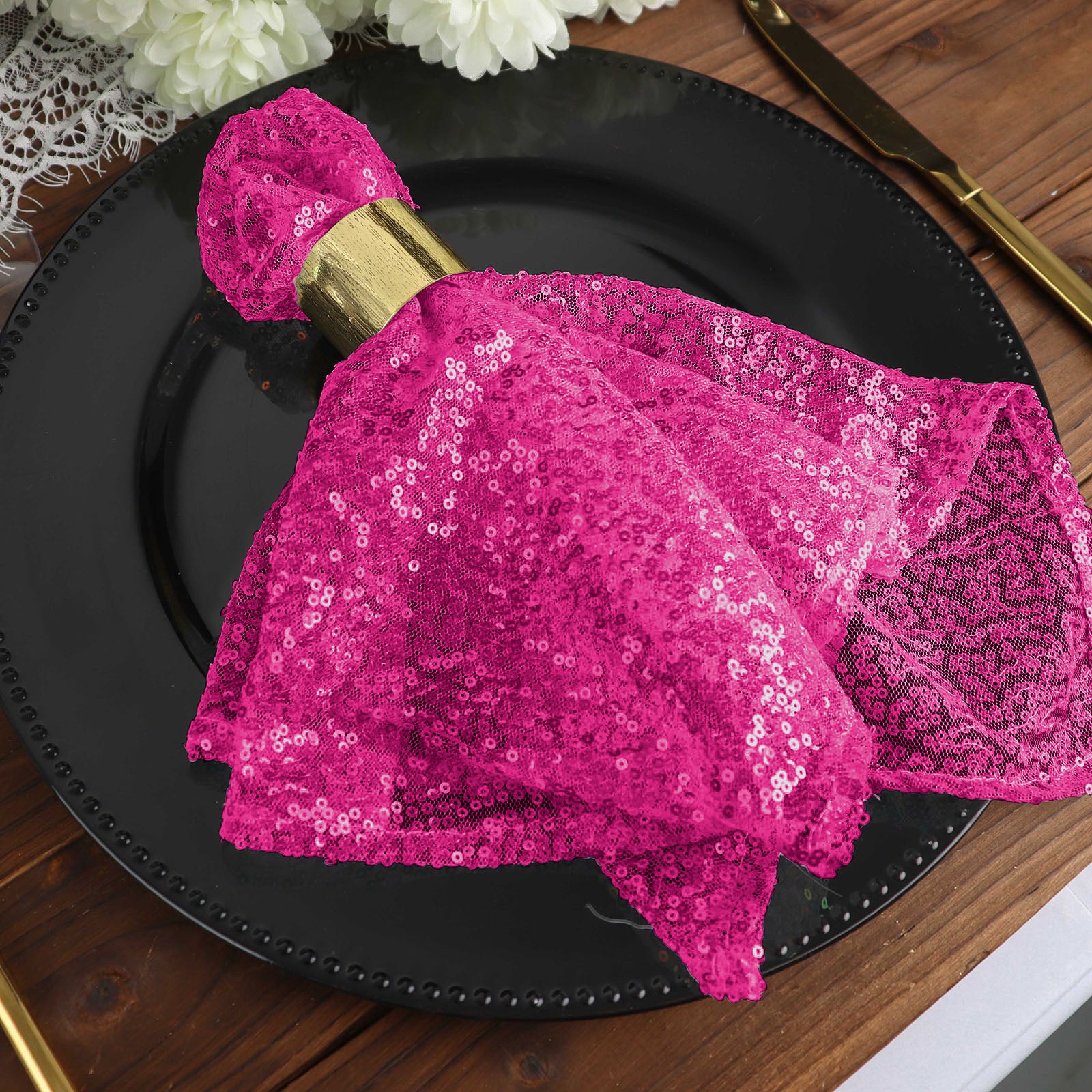 20 Inch x 20 Inch Cloth Dinner Napkin In Fuchsia Premium Sequin Reusable