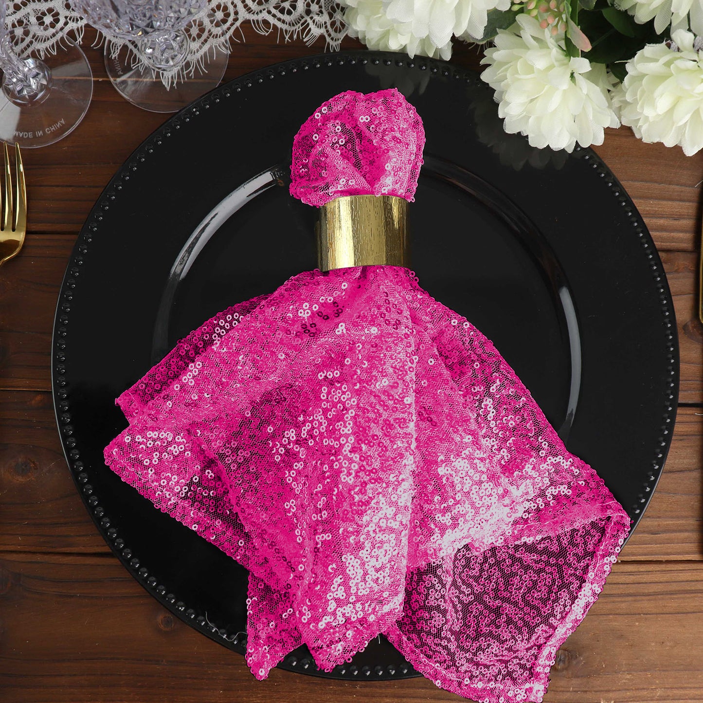 20 Inch x 20 Inch Cloth Dinner Napkin In Fuchsia Premium Sequin Reusable