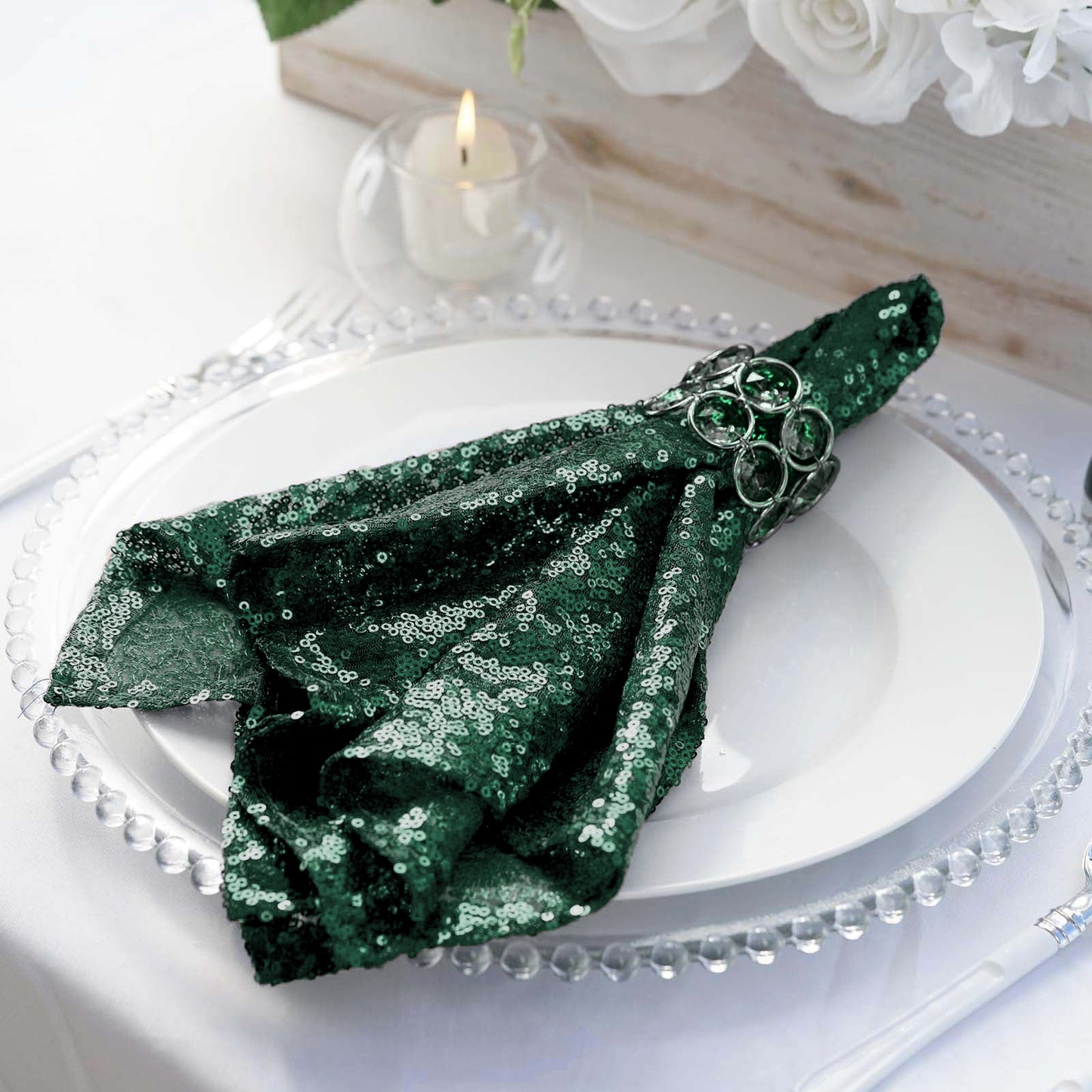 Hunter Emerald Green Dinner Napkin With 20 Inch By 20 Inch Sequin Beaded Tulle#whtbkgd