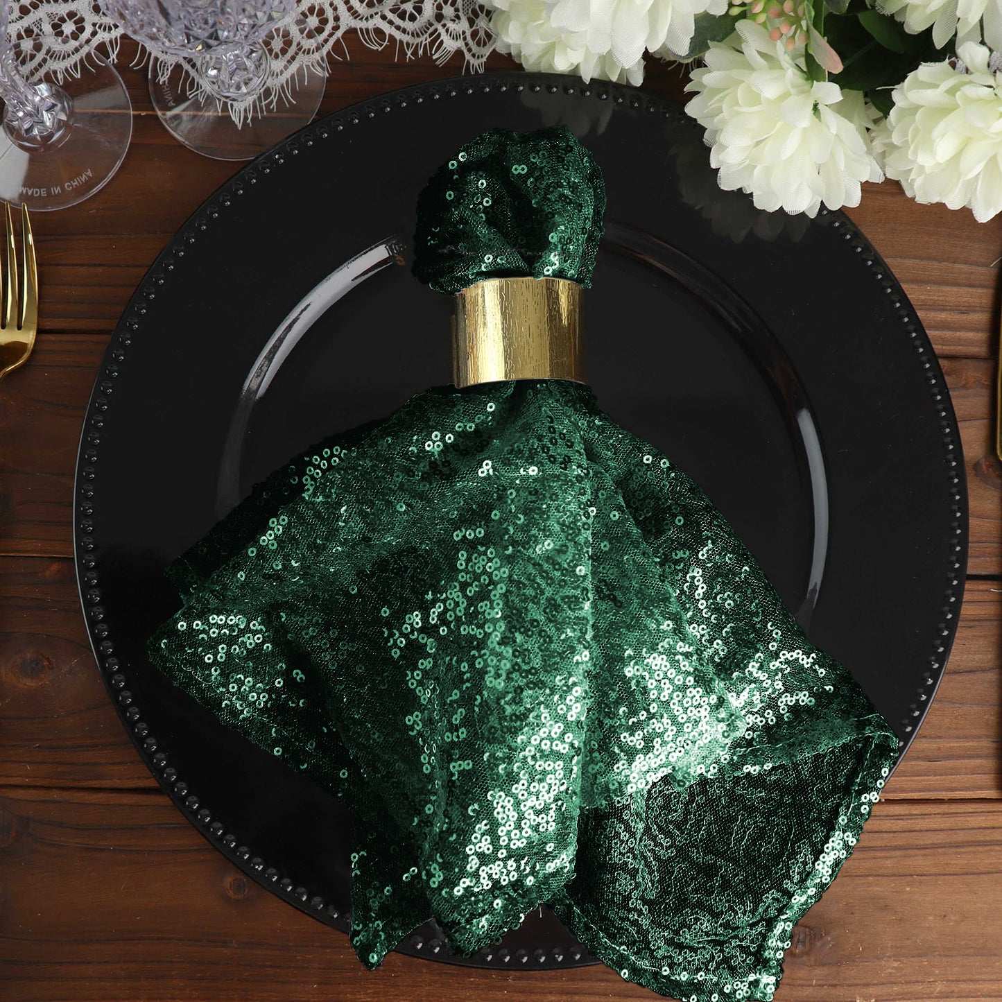 Hunter Emerald Green Dinner Napkin With 20 Inch By 20 Inch Sequin Beaded Tulle