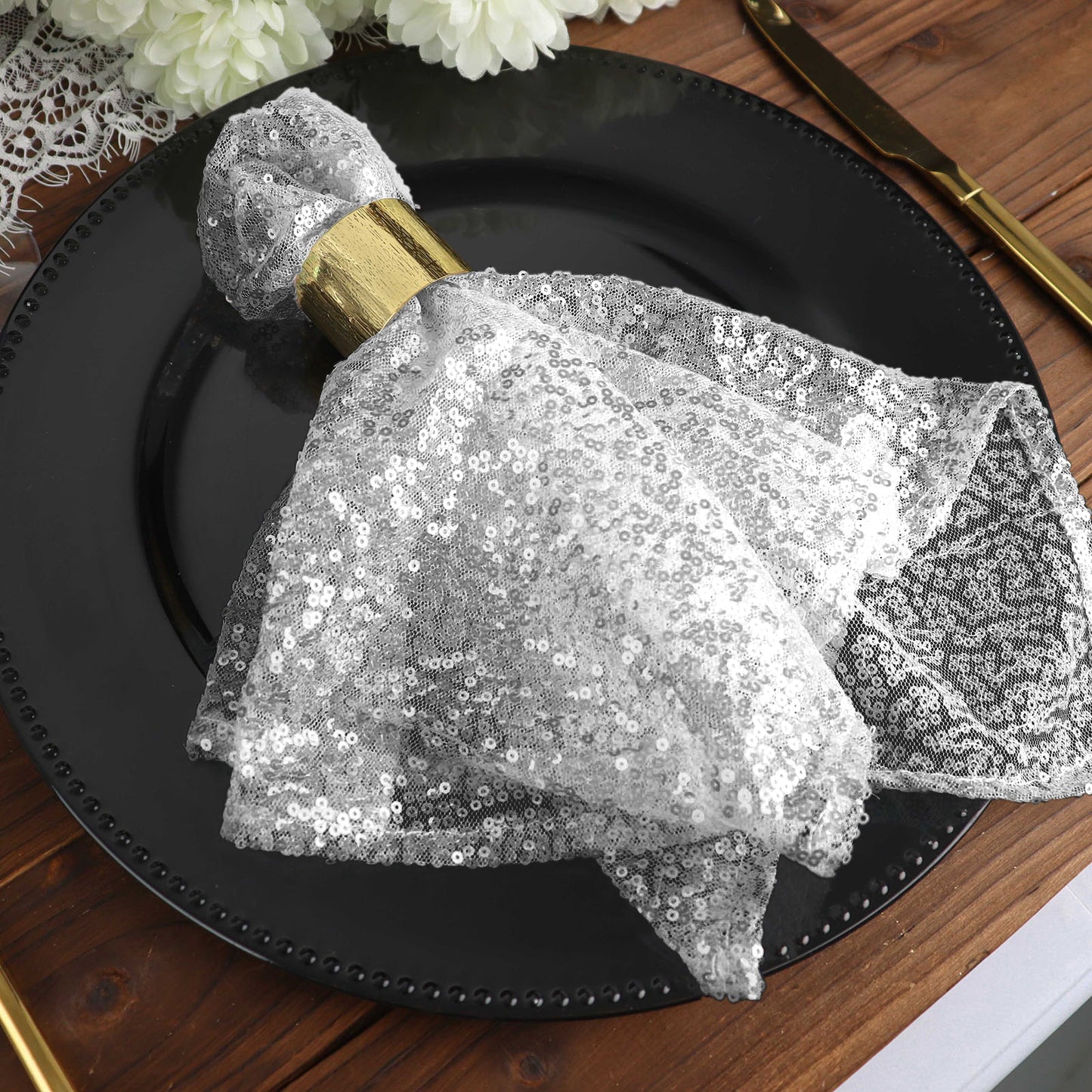 Dinner Napkin In Silver Premium Sequin Fabric 20 Inch x 20 Inch