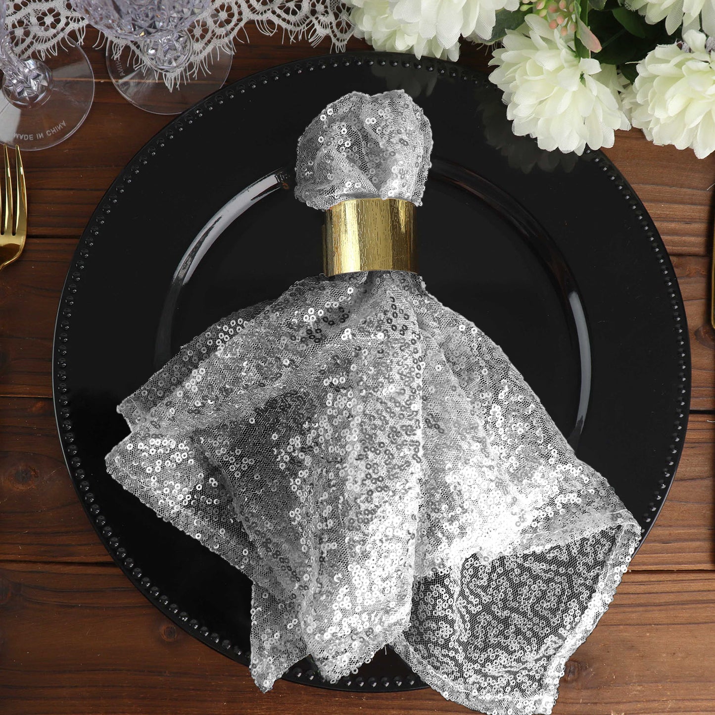 Dinner Napkin In Silver Premium Sequin Fabric 20 Inch x 20 Inch