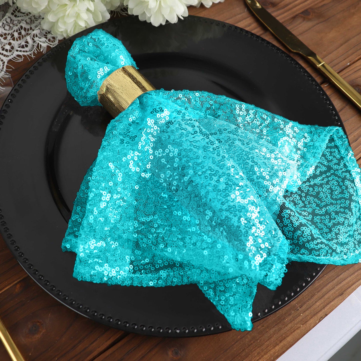 Premium Sequin Turquoise Cloth Dinner Napkin Reusable 20 Inch x 20 Inch