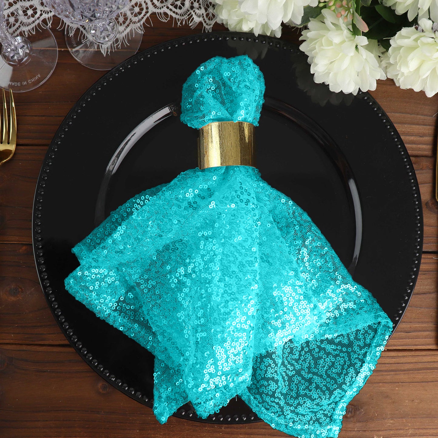 Premium Sequin Turquoise Cloth Dinner Napkin Reusable 20 Inch x 20 Inch