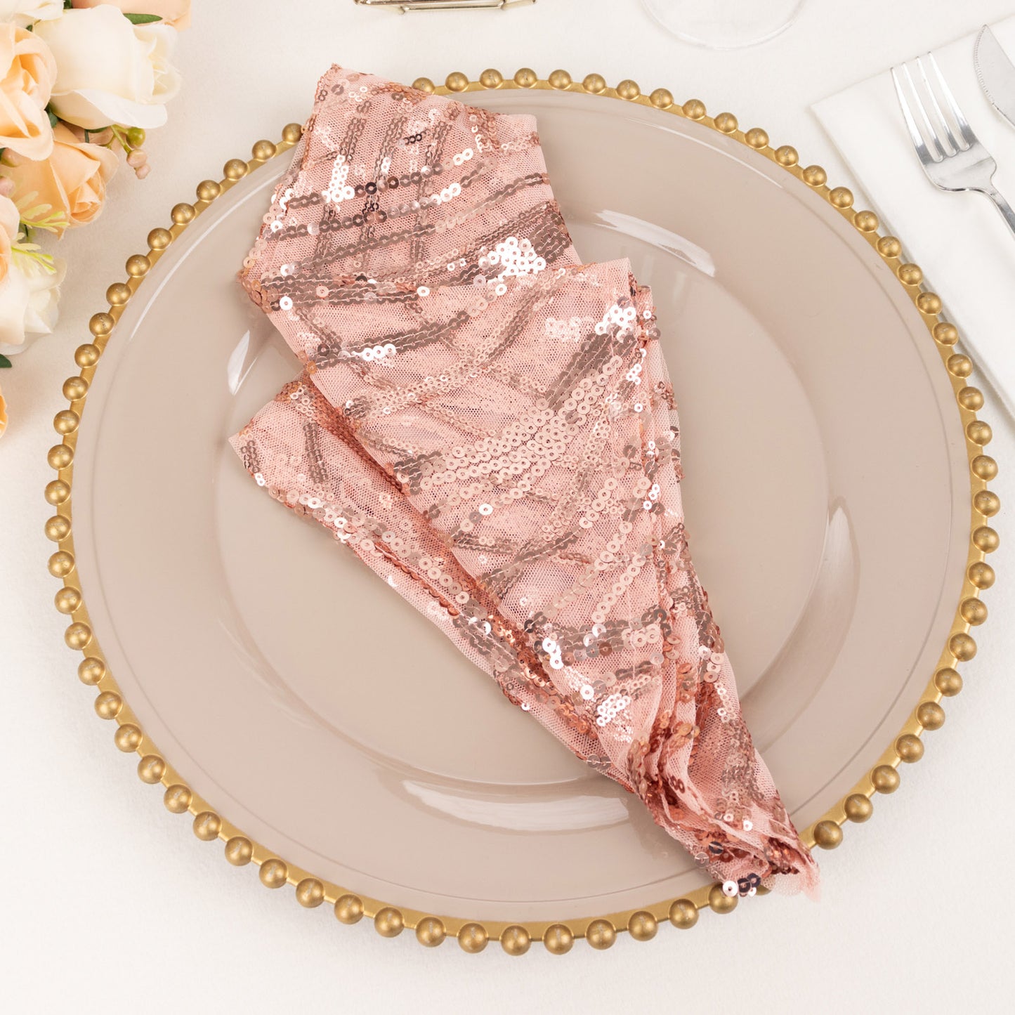 Blush Wave Embroidered Sequin Mesh Dinner Napkin, Reusable Decorative Napkin - 20"x20"