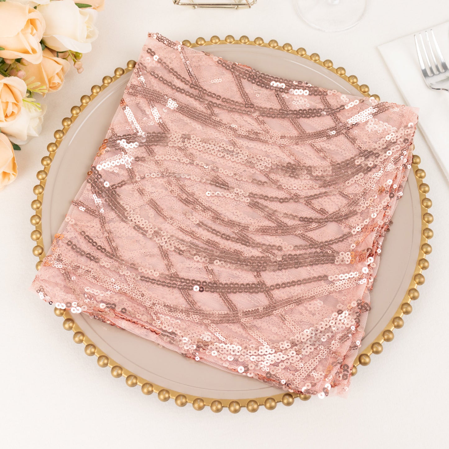 Blush Wave Embroidered Sequin Mesh Dinner Napkin, Reusable Decorative Napkin - 20"x20"