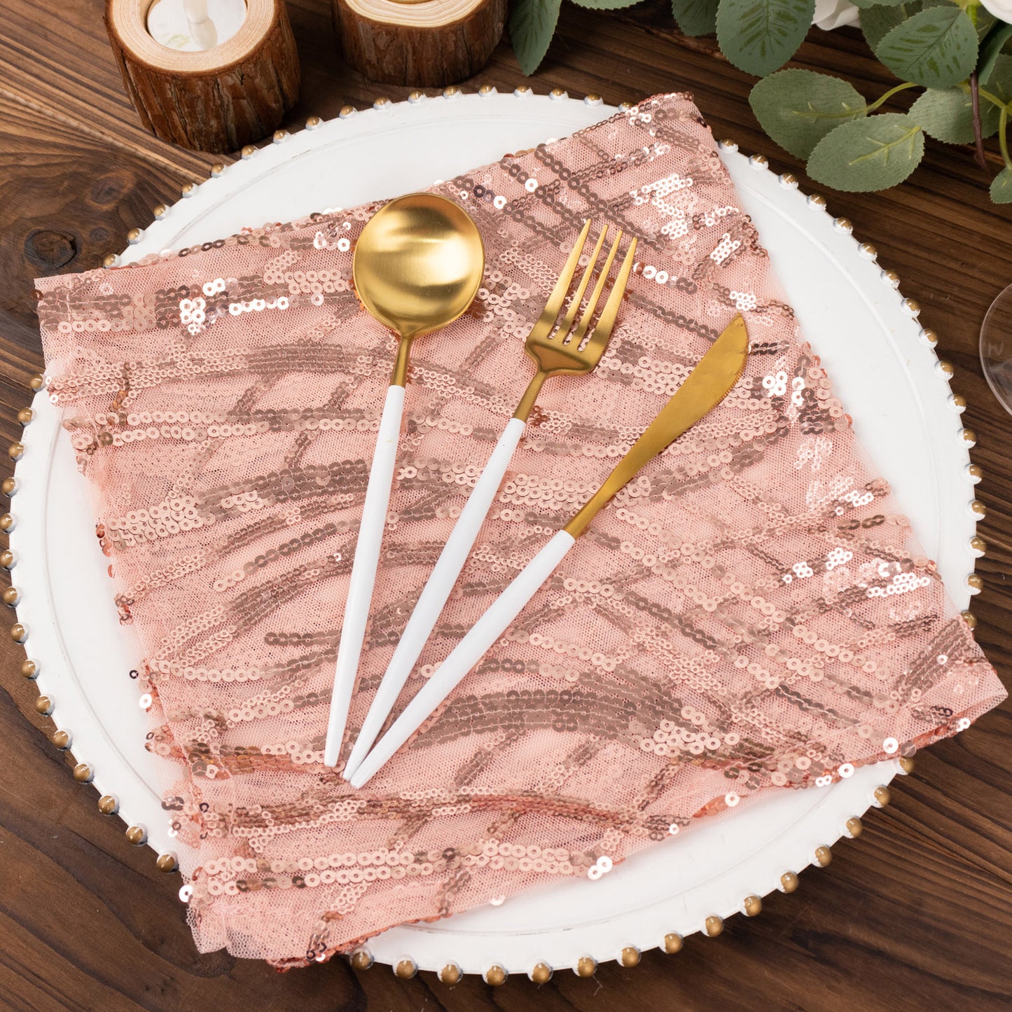 Blush Wave Embroidered Sequin Mesh Dinner Napkin, Reusable Decorative Napkin - 20"x20"