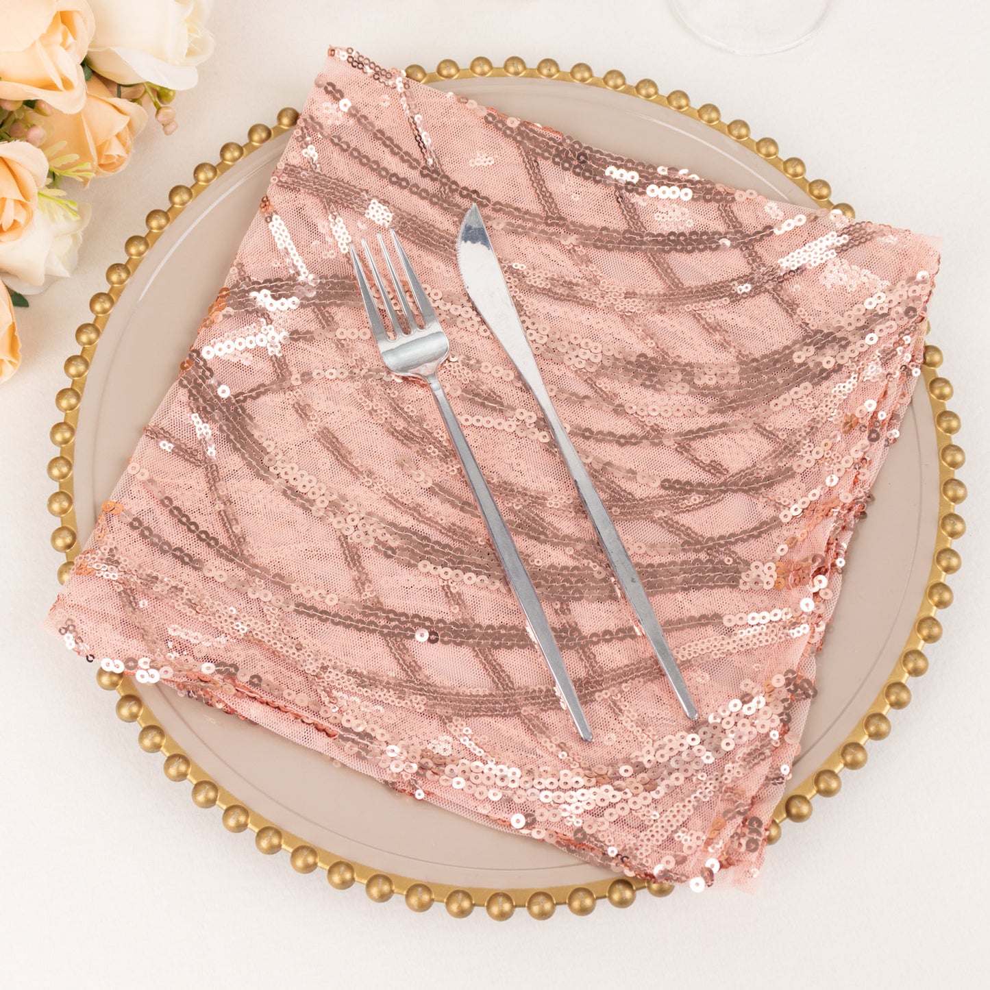 Blush Wave Embroidered Sequin Mesh Dinner Napkin, Reusable Decorative Napkin - 20"x20"