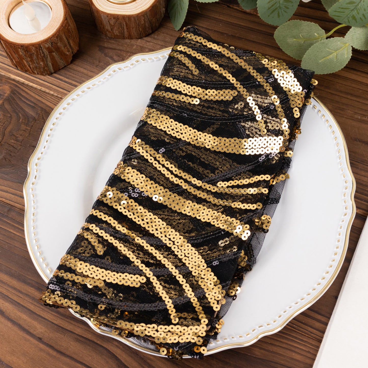 Black Gold Wave Embroidered Sequin Mesh Dinner Napkin, Reusable Decorative Napkin - 20"x20"