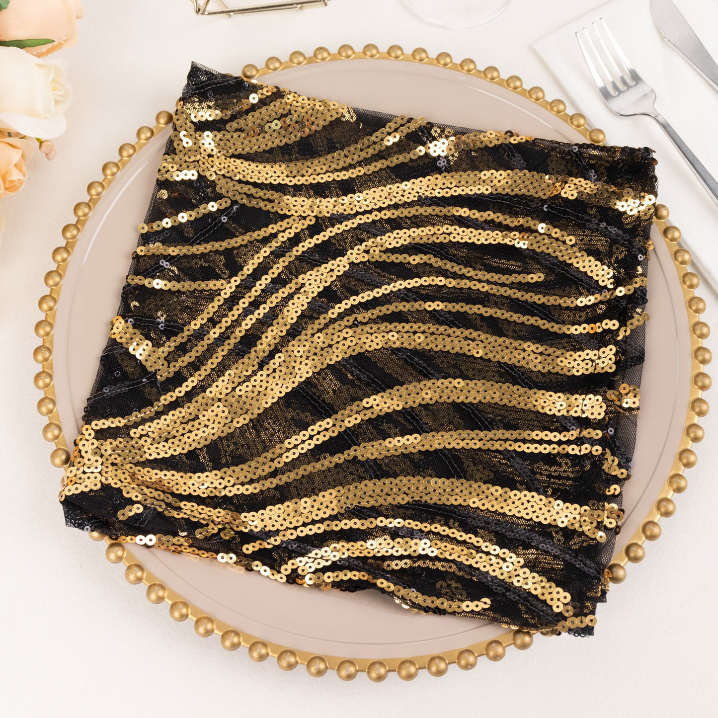 Black Gold Wave Embroidered Sequin Mesh Dinner Napkin, Reusable Decorative Napkin - 20"x20"