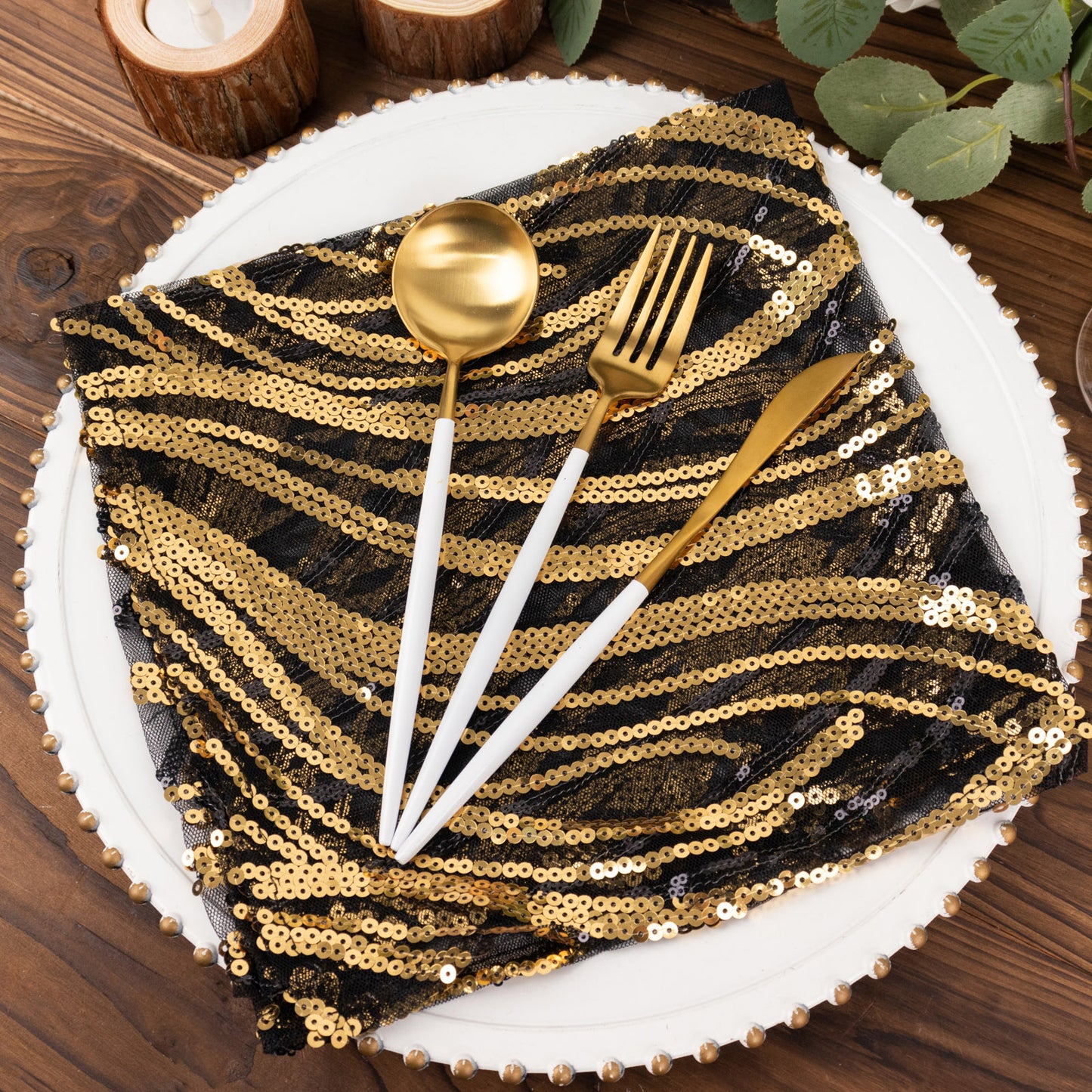 Black Gold Wave Embroidered Sequin Mesh Dinner Napkin, Reusable Decorative Napkin - 20"x20"