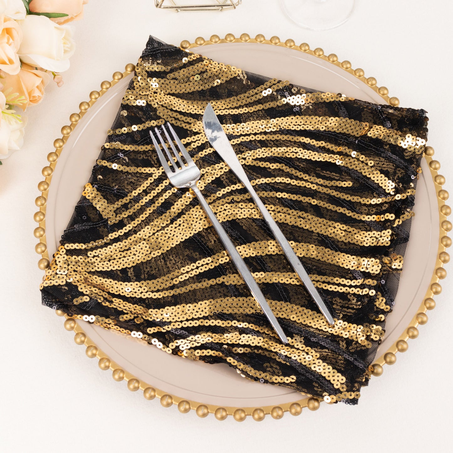 Black Gold Wave Embroidered Sequin Mesh Dinner Napkin, Reusable Decorative Napkin - 20"x20"