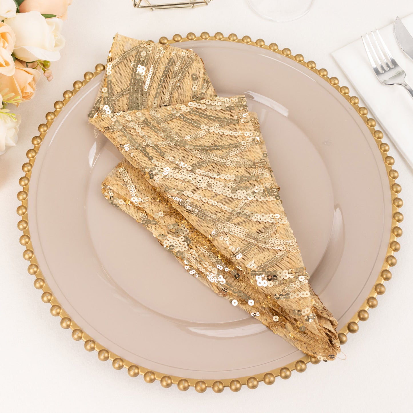 Champagne Wave Embroidered Sequin Mesh Dinner Napkin, Reusable Decorative Napkin - 20"x20"