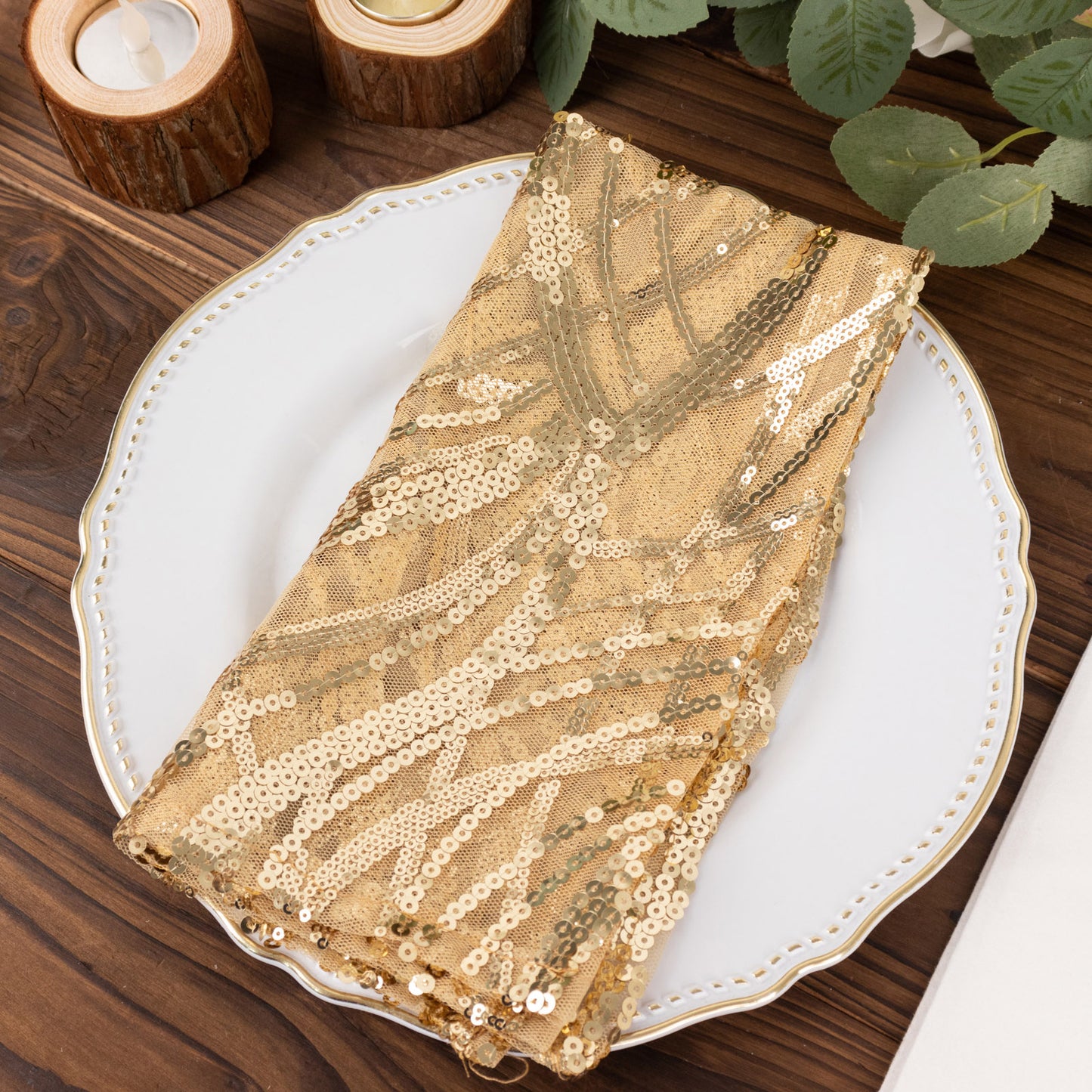 Champagne Wave Embroidered Sequin Mesh Dinner Napkin, Reusable Decorative Napkin - 20"x20"