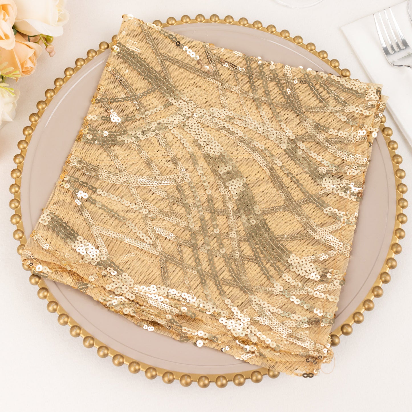 Champagne Wave Embroidered Sequin Mesh Dinner Napkin, Reusable Decorative Napkin - 20"x20"
