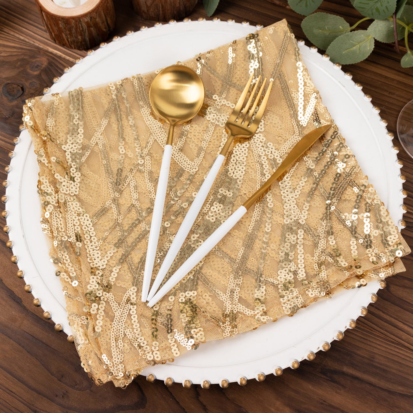 Champagne Wave Embroidered Sequin Mesh Dinner Napkin, Reusable Decorative Napkin - 20"x20"