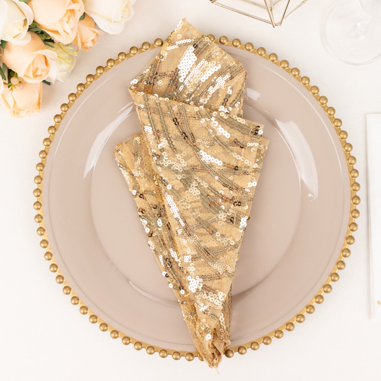 Champagne Wave Embroidered Sequin Mesh Dinner Napkin, Reusable Decorative Napkin - 20"x20"